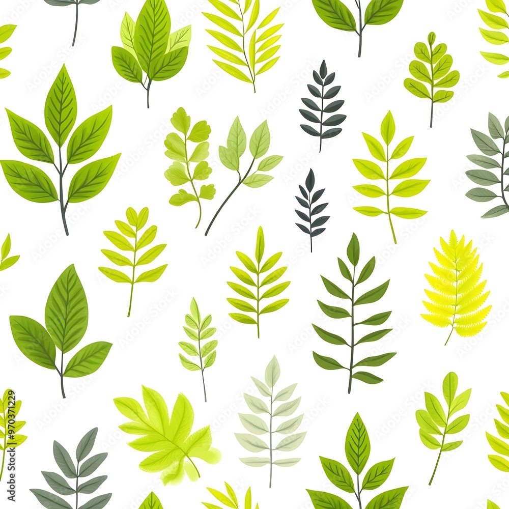 Seamless natural pattern with various fresh and vibrant green leaves on plain white background Seamless natural pattern with various fresh and vibrant green leaves on plain white background