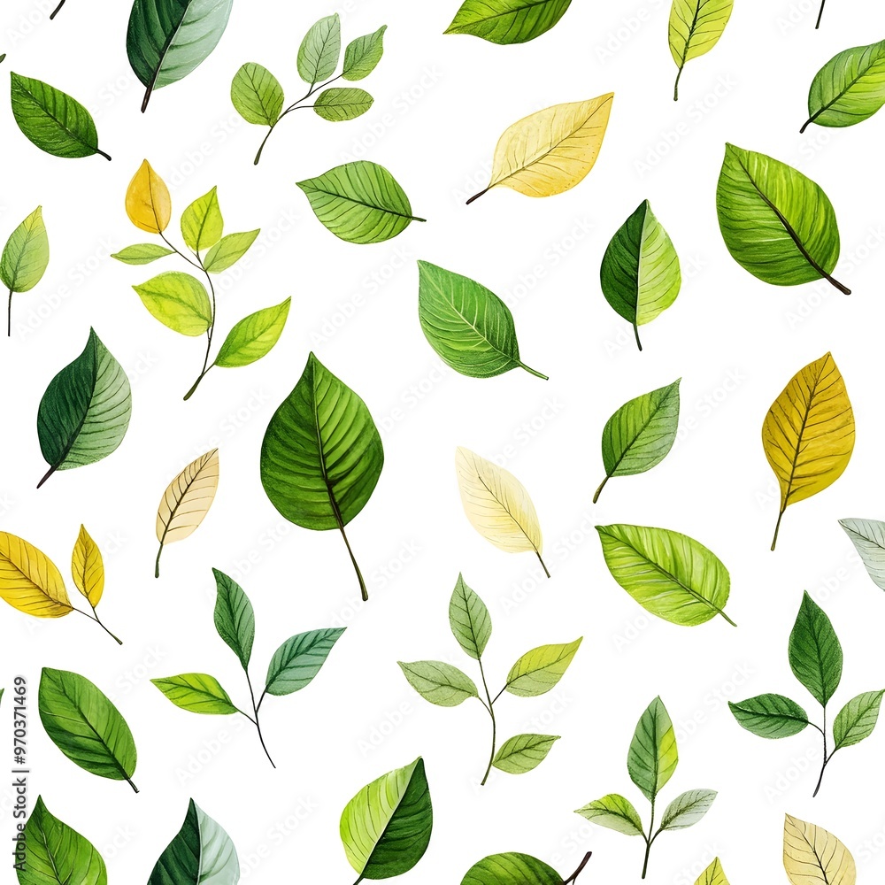 Seamless Pattern with Assorted Natural and Fresh Leaves on White Background Seamless Pattern with Assorted Natural and Fresh Leaves on White Background