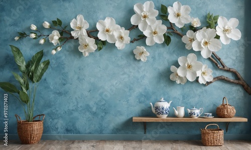 Wallpaper Mural Room blue wall wooden shelf right side shelf White Flower Branch Torontodigital.ca