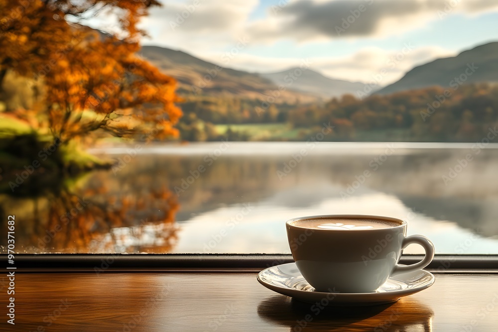 Autumn Lake View with Coffee Cup on Wooden Table Autumn Lake View with Coffee Cup on Wooden Table