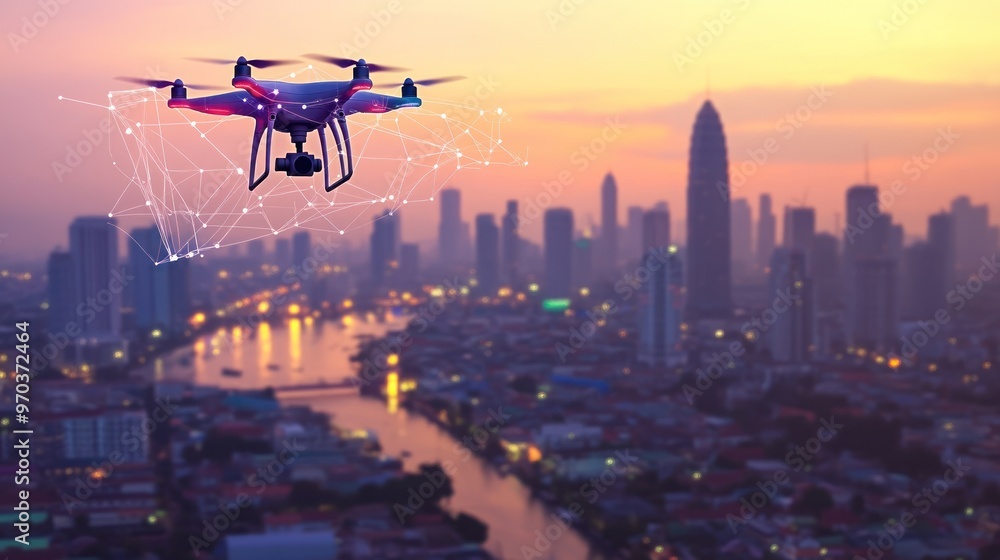 Drone Flying Over City Skyline at Sunset Drone Flying Over City Skyline at Sunset