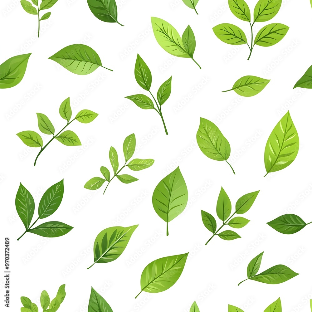Seamless Pattern with Vibrant Green Leaves on Fresh White Background Seamless Pattern with Vibrant Green Leaves on Fresh White Background