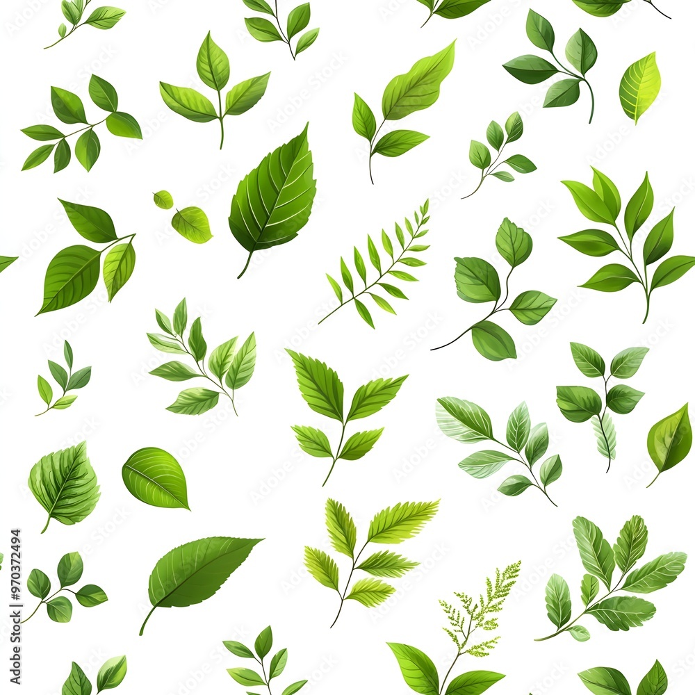 Seamless Pattern of Various Fresh and Natural Leaves on Minimalist White Background Seamless Pattern of Various Fresh and Natural Leaves on Minimalist White Background