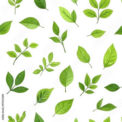 Seamless Pattern with Vibrant Green Leaves on Fresh White Background
