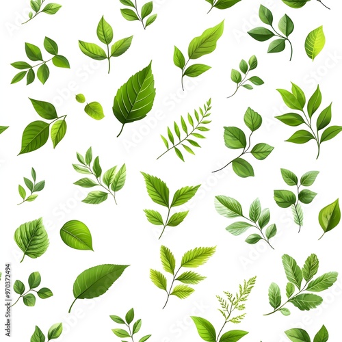 Seamless Pattern of Various Fresh and Natural Leaves on Minimalist White Background