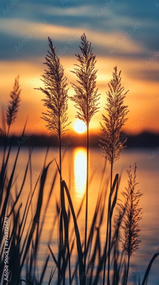 Sunset over lake with silhouette of tall Sunset over lake with silhouette of tall