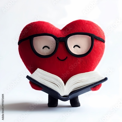 Heartfelt Reader: A charming heart-shaped character with spectacles joyfully reads a book, embodying the love of learning and the joy of literature.   photo