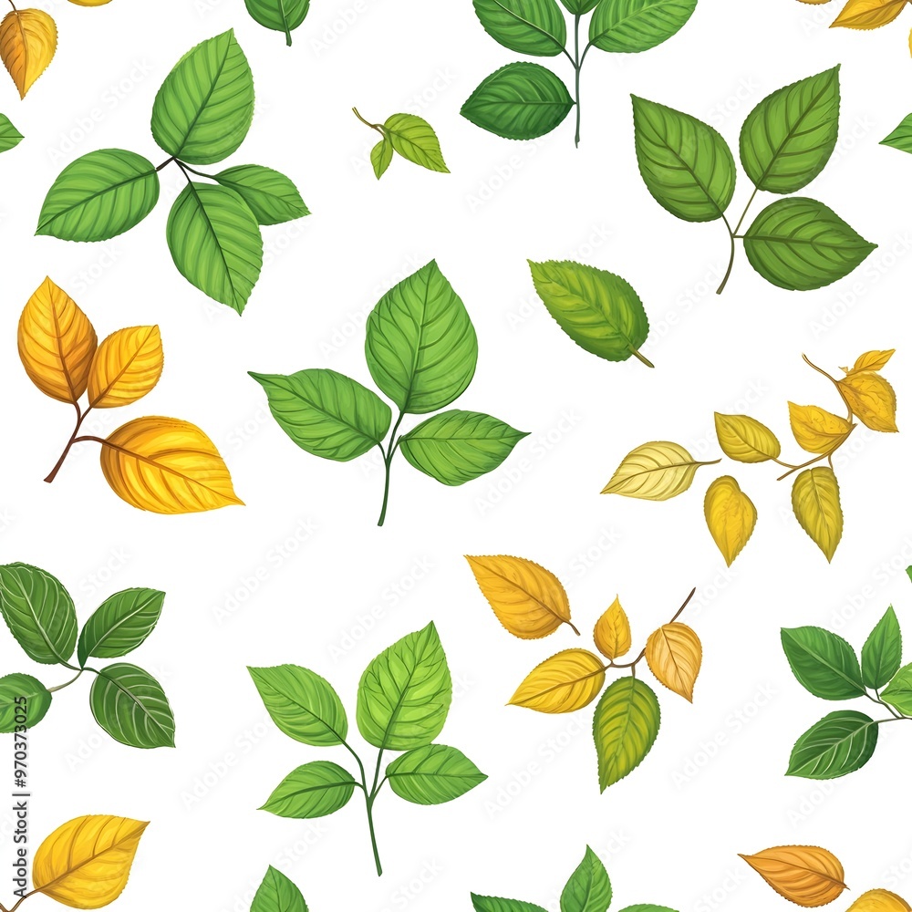 Seamless Pattern with Various Fresh and Natural Leaves on White Background