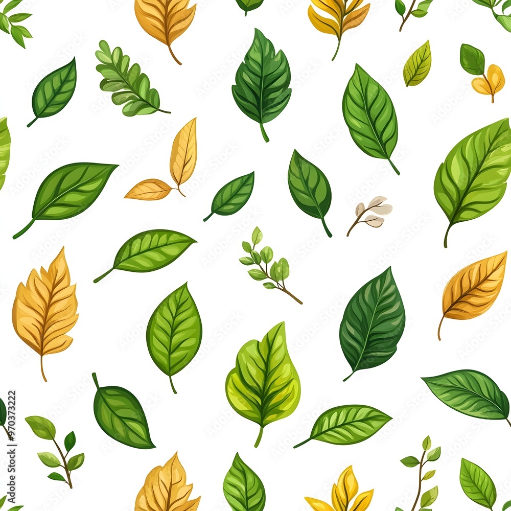 Seamless Pattern with Vibrant and Fresh Assortment of Natural Leaves on White Background Seamless Pattern with Vibrant and Fresh Assortment of Natural Leaves on White Background