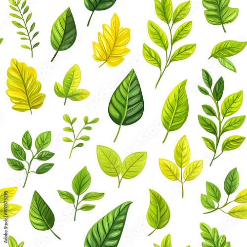 Seamless Pattern with Fresh and Vibrant Assorted Leaves on White Background