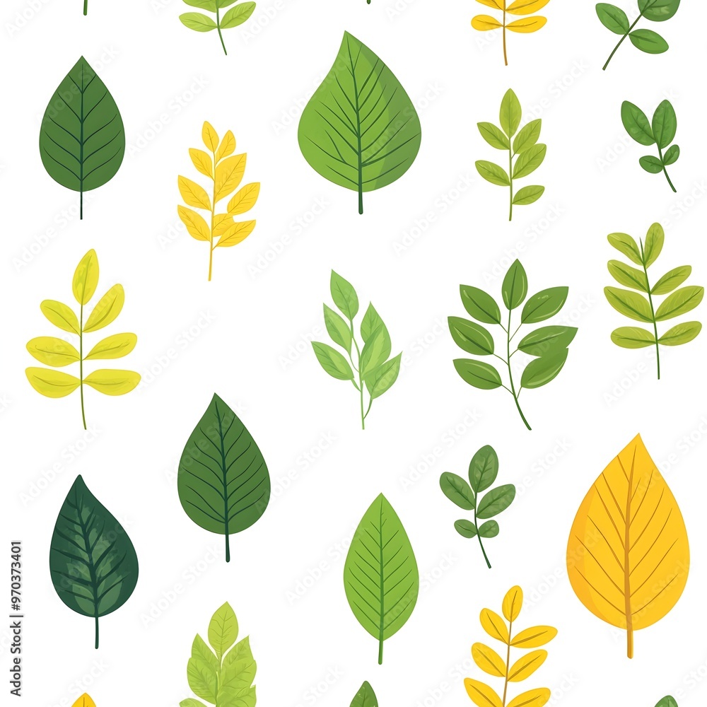 Elegant and Soothing Seamless Pattern with Various Fresh Botanical Leaves on Clean White Background Elegant and Soothing Seamless Pattern with Various Fresh Botanical Leaves on Clean White Background