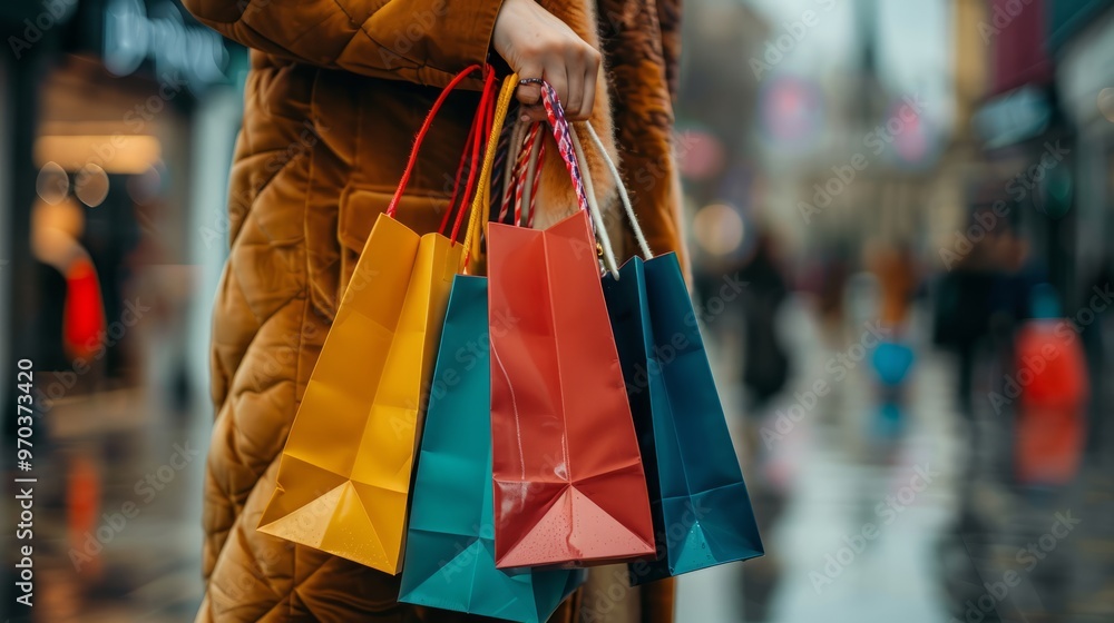 Obraz premium Close-up of woman's hand holding multiple shopping bags while walking on a busy city street, perfect for e-commerce advertising, fashion retail promotions, and urban lifestyle marketing concepts featu