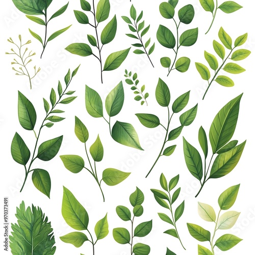 Seamless Natural Botanical Pattern with Fresh Lush Green Leaves on White Background