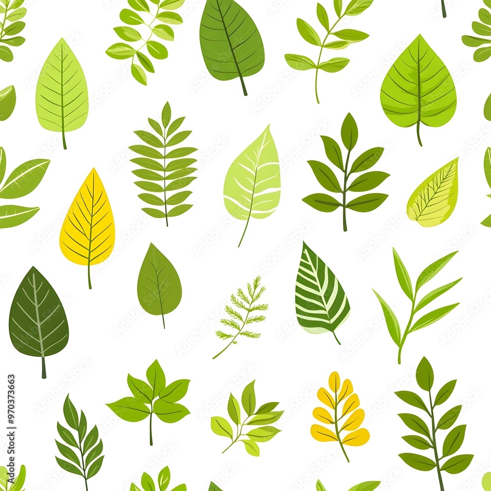 Fototapeta premium Seamless pattern with various natural and fresh leaves on white background
