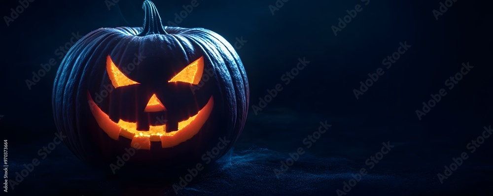 Glowing Jack o lantern with Evil Grin on Dark Background Glowing Jack o lantern with Evil Grin on Dark Background