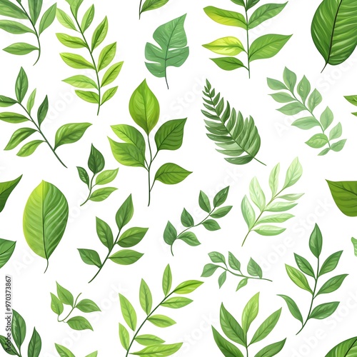 Seamless Pattern of Various Fresh and Natural Green Leaves on White Background photo