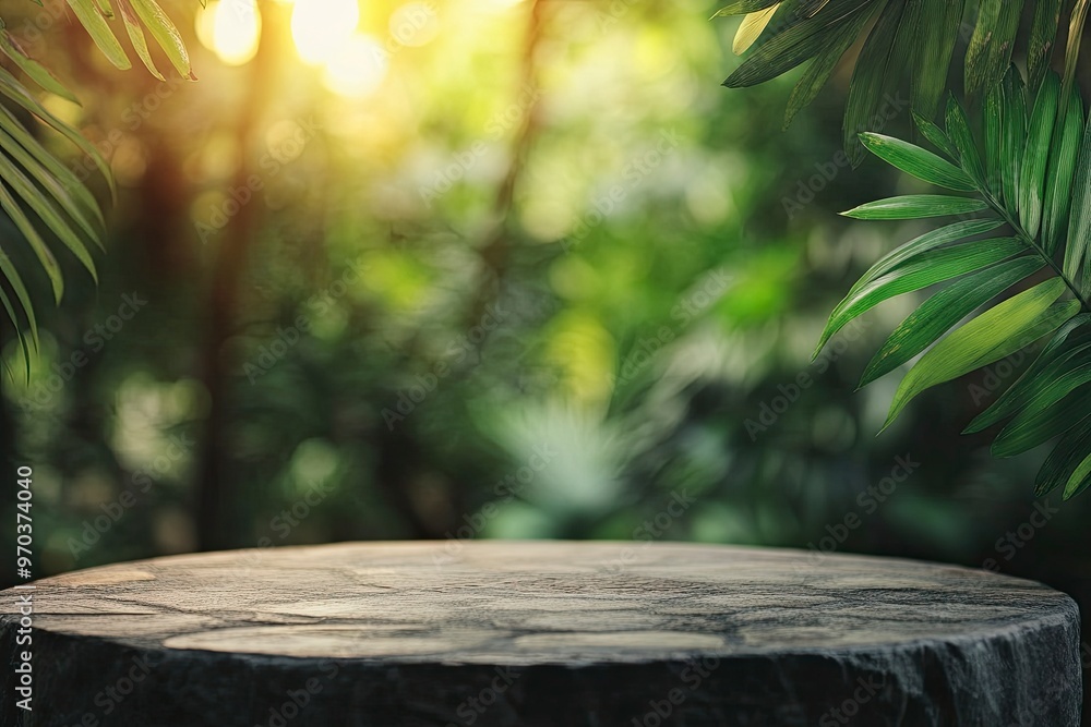 Stone tabletop podium floor in outdoors tropical garden forest blurred green leaf plant nature background.Natural product placement pedestal stand display,jungle paradise concept, ai Stone tabletop podium floor in outdoors tropical garden forest blurred green leaf plant nature background.Natural product placement pedestal stand display,jungle paradise concept, ai