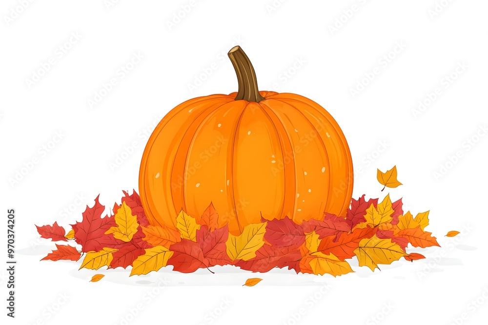 Naklejka premium Autumn Pumpkin with Falling Leaves Illustration