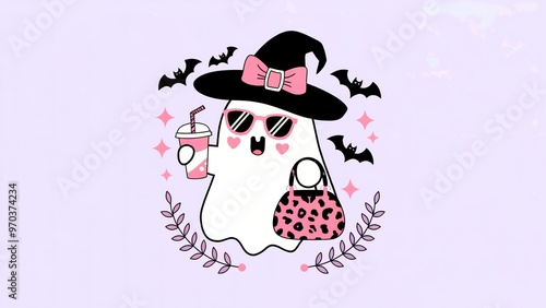 A cute ghost wearing a large black witch hat with a pink bow on top. The ghost has pink sunglasses and is holding a pink drink cup with a straw