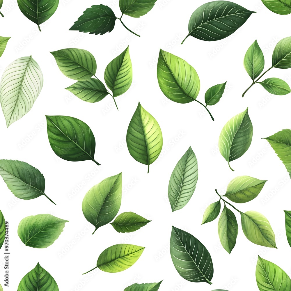 Seamless pattern of various fresh and natural green leaves on a white background Seamless pattern of various fresh and natural green leaves on a white background