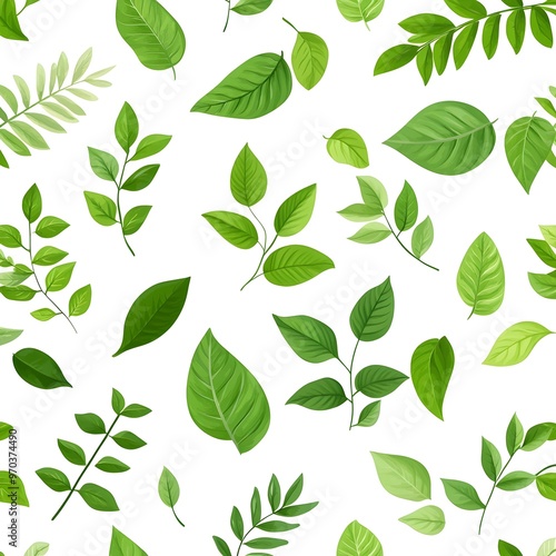 Vibrant Botanical Leaves in Seamless Repeating Pattern on White Background