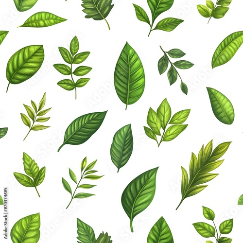 Seamless Pattern of Diverse Fresh Botanical Leaves on Clean White Background