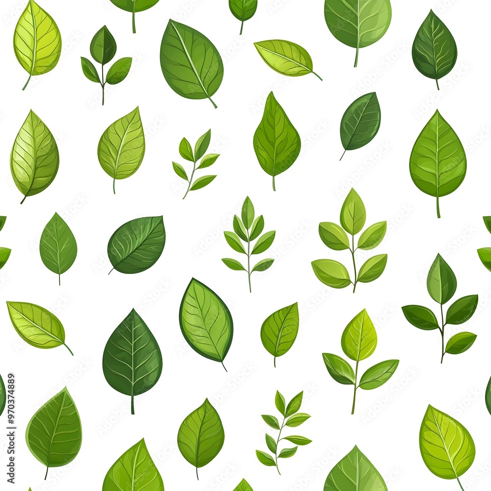 Seamless Pattern with Various Fresh Green Leaves on White Background Seamless Pattern with Various Fresh Green Leaves on White Background