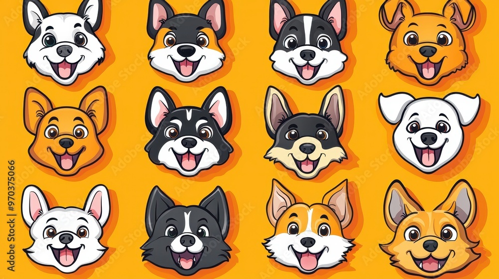 Fototapeta premium Cute Cartoon Dog Faces on Yellow Background