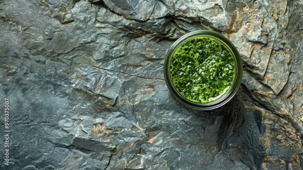 Vibrant Spinach Smoothie in a Glass Jar on Grey Stone Background with Ample Copy Space Vibrant Spinach Smoothie in a Glass Jar on Grey Stone Background with Ample Copy Space
