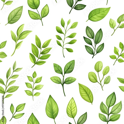 Seamless pattern of natural and fresh various leaves on white background