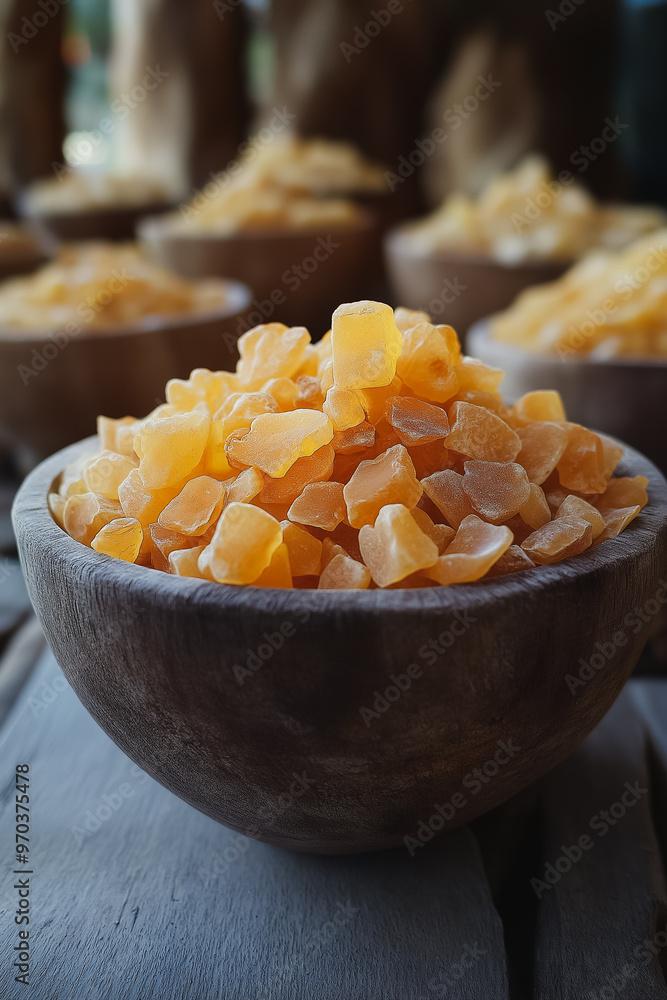 A bowl of yellow sugar is sitting on a wooden table. The bowl is filled with small pieces of sugar, and the sugar appears to be in a crunchy state. Concept of warmth and comfort A bowl of yellow sugar is sitting on a wooden table. The bowl is filled with small pieces of sugar, and the sugar appears to be in a crunchy state. Concept of warmth and comfort