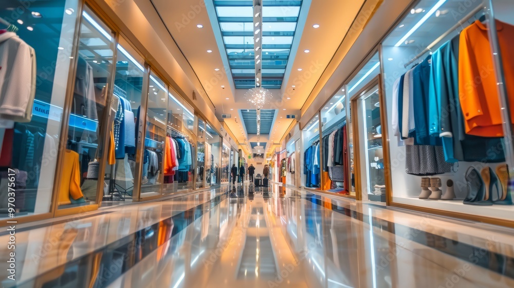 Fototapeta premium Colorful display of fashionable clothes on racks inside a modern shopping mall, perfect for retail promotions, stylish apparel marketing, and e-commerce campaigns highlighting trendy fashion collectio