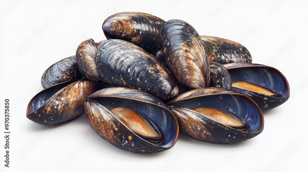 Mussels clipart, element, 3D illustration, realistic, isolated on white background Mussels clipart, element, 3D illustration, realistic, isolated on white background