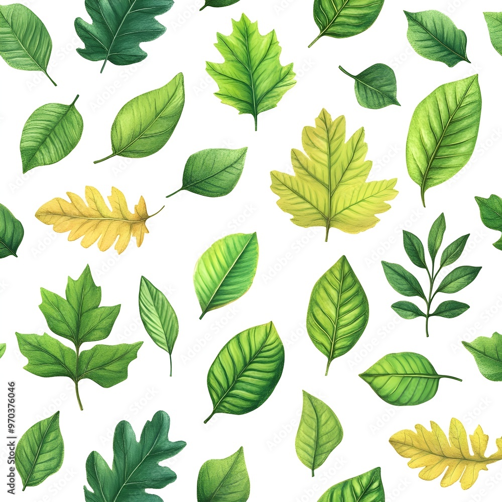 Seamless Pattern of Fresh and Vibrant Green Leaves on White Background Seamless Pattern of Fresh and Vibrant Green Leaves on White Background