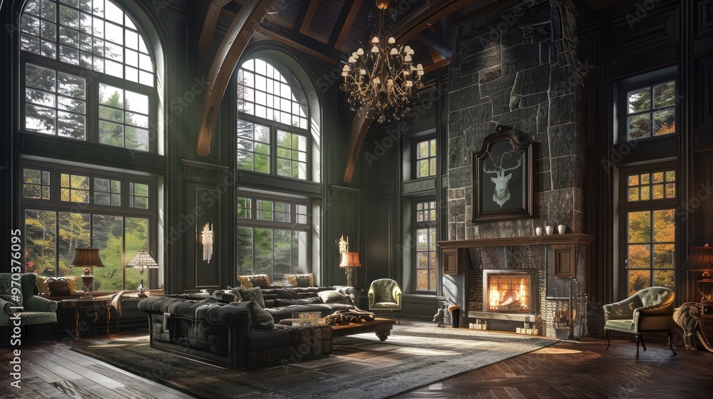 Fototapeta premium Grand classic style living room with dark green stone walls and fireplace AI generated image