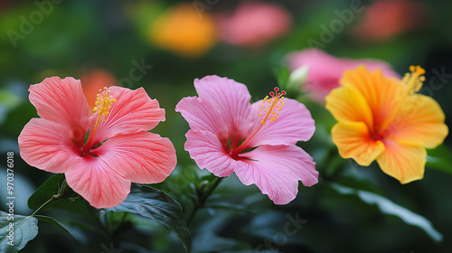 Wallpaper Mural Three pink and yellow flowers are in a garden Torontodigital.ca