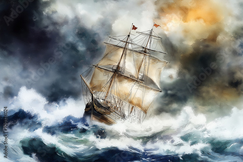 Watercolor Colorful Illustration Artwork background of an old sailing ship in a stormy sea