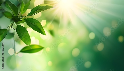 Lush Green Bokeh Background Illuminated by Gentle Sunlight, Evoking Natures Freshness, Tranquility, and Renewal