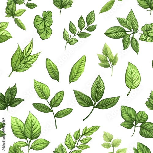 Seamless natural pattern with various fresh and vibrant green leaves on white background