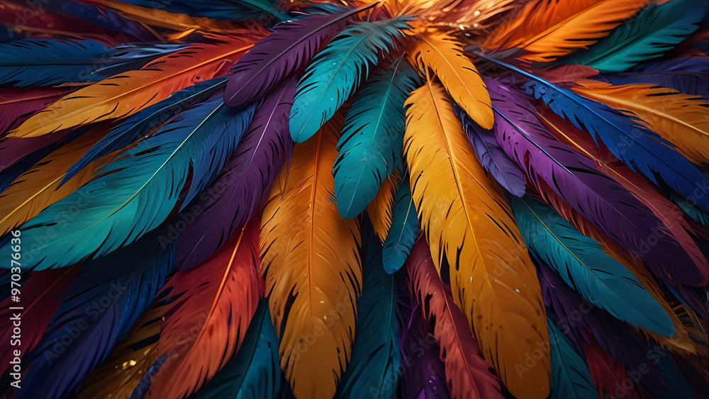 Obraz premium Abstract composition of vibrant, colorful feathers arranged in a circular motion