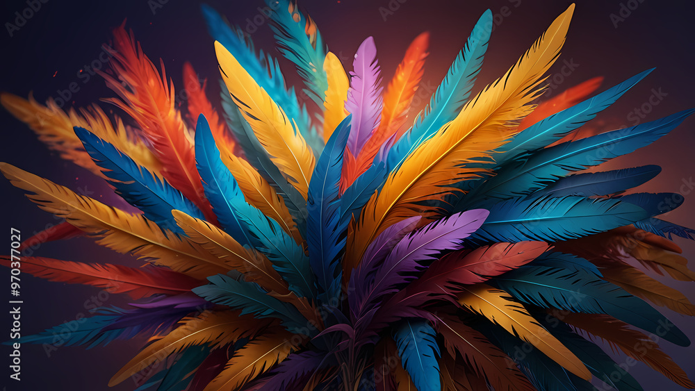 Abstract composition of vibrant, colorful feathers arranged in a circular motion