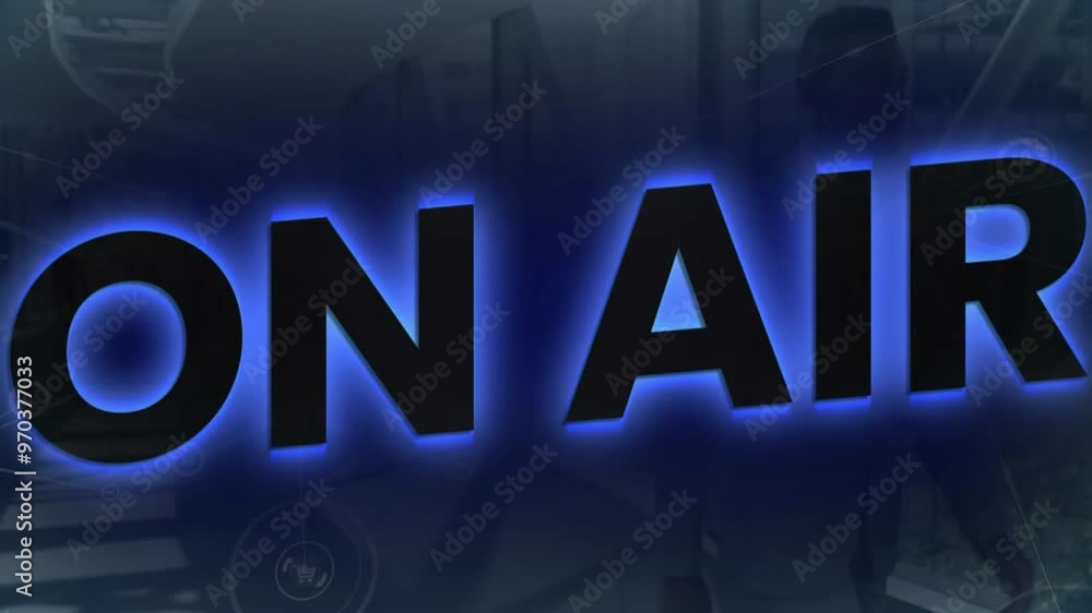 Animation of on air text and icons over biracial businesswoman walking in office Animation of on air text and icons over biracial businesswoman walking in office