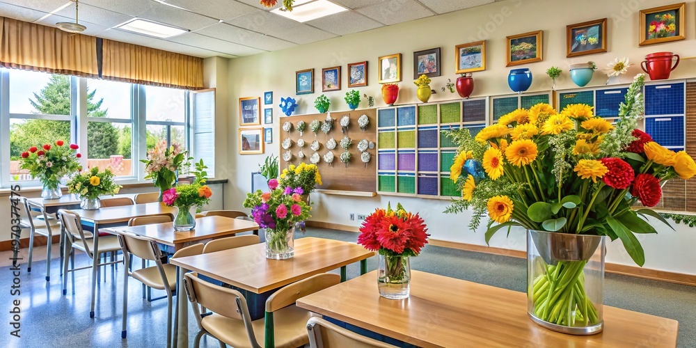 Fototapeta premium A tranquil American classroom features a lush bouquet of fresh flowers, complementing a wall of awards honoring dedicated educators in a peaceful learning environment.