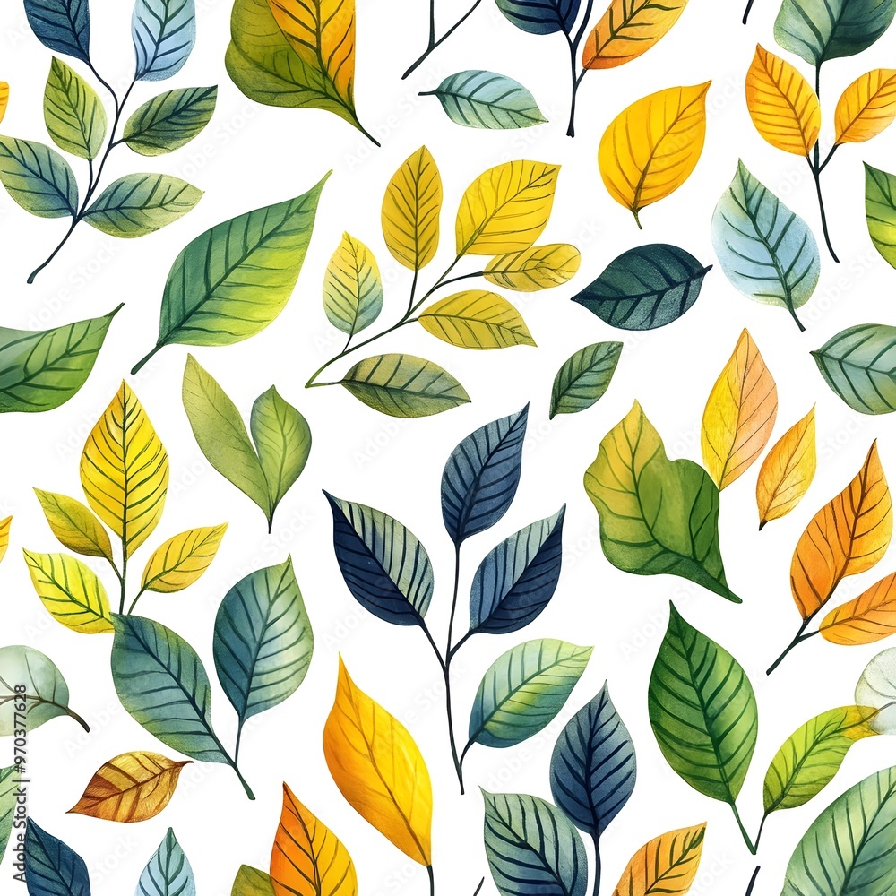 Seamless Botanical Pattern with Fresh and Vibrant Assorted Leaves on White Background Seamless Botanical Pattern with Fresh and Vibrant Assorted Leaves on White Background