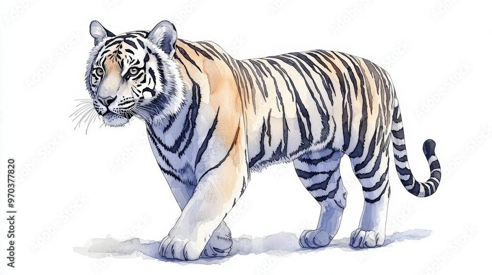 Naklejka premium Wildlife Tiger, ink drawing isolated on white background, sharp black lines and minimal detailing to emphasize striking stripes and piercing eyes of this big cat