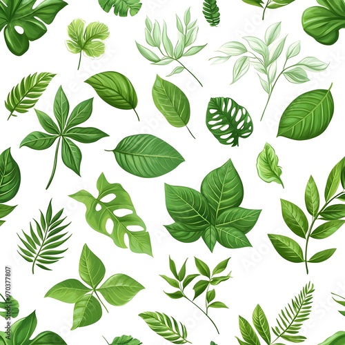 Seamless natural pattern with various fresh green leaves on a white background