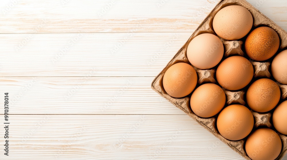 Fresh Brown Eggs in Carton on White Wooden Background Fresh Brown Eggs in Carton on White Wooden Background