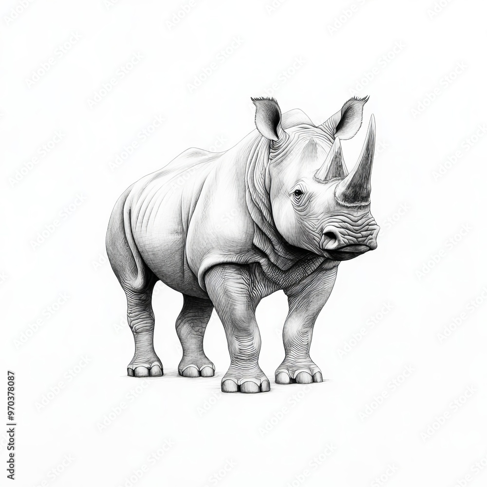 Fototapeta premium Wildlife Rhinoceros, etching style isolated on white background, fine lines with cross-hatching techniques, highlighting rugged skin texture and imposing stance