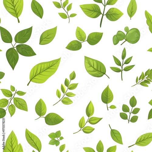 Wallpaper Mural Seamless natural pattern with various fresh green leaves on clean white backdrop Torontodigital.ca