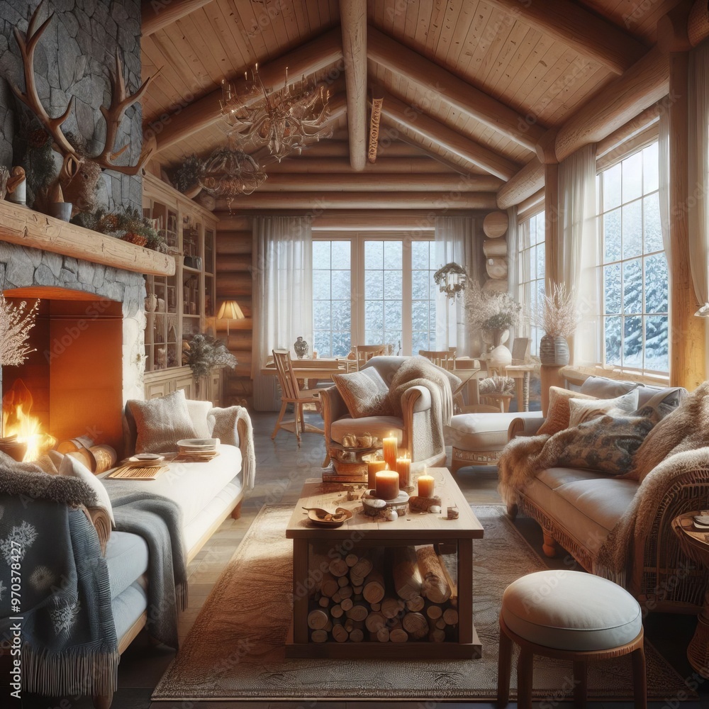 Antique fireplace in a cozy living room, illuminated by warm lamplight, adorned with festive Christmas decorations, creating a timeless and elegant atmosphere